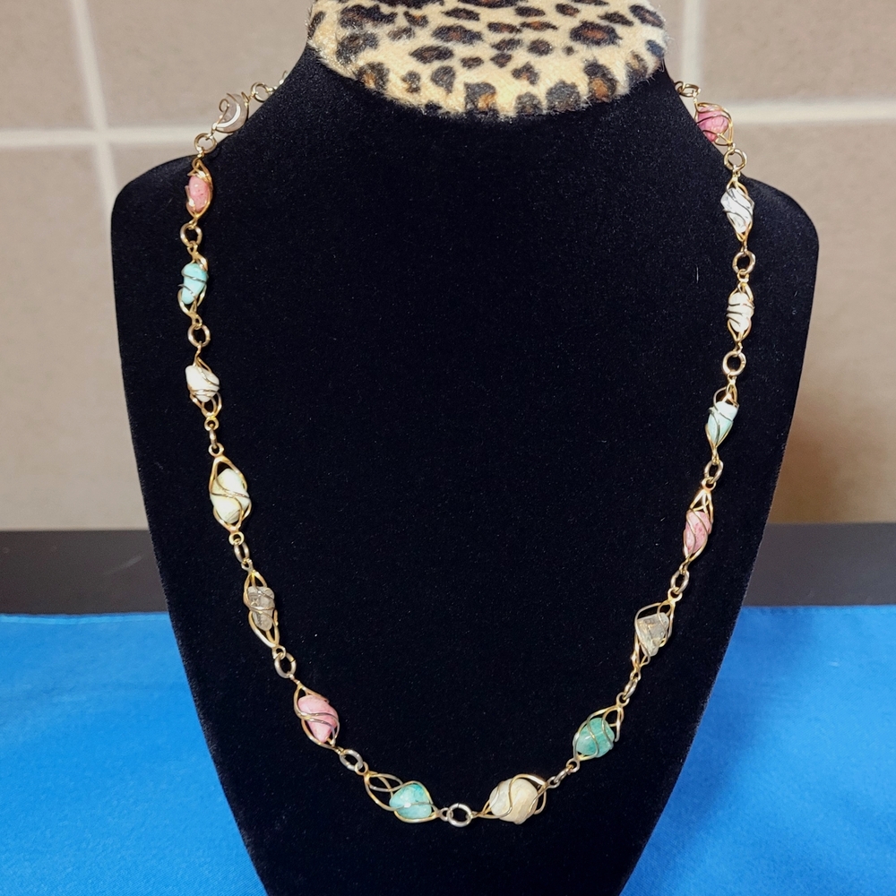 Vintage Multicolor Stones Wrapped Gold Chain Necklace